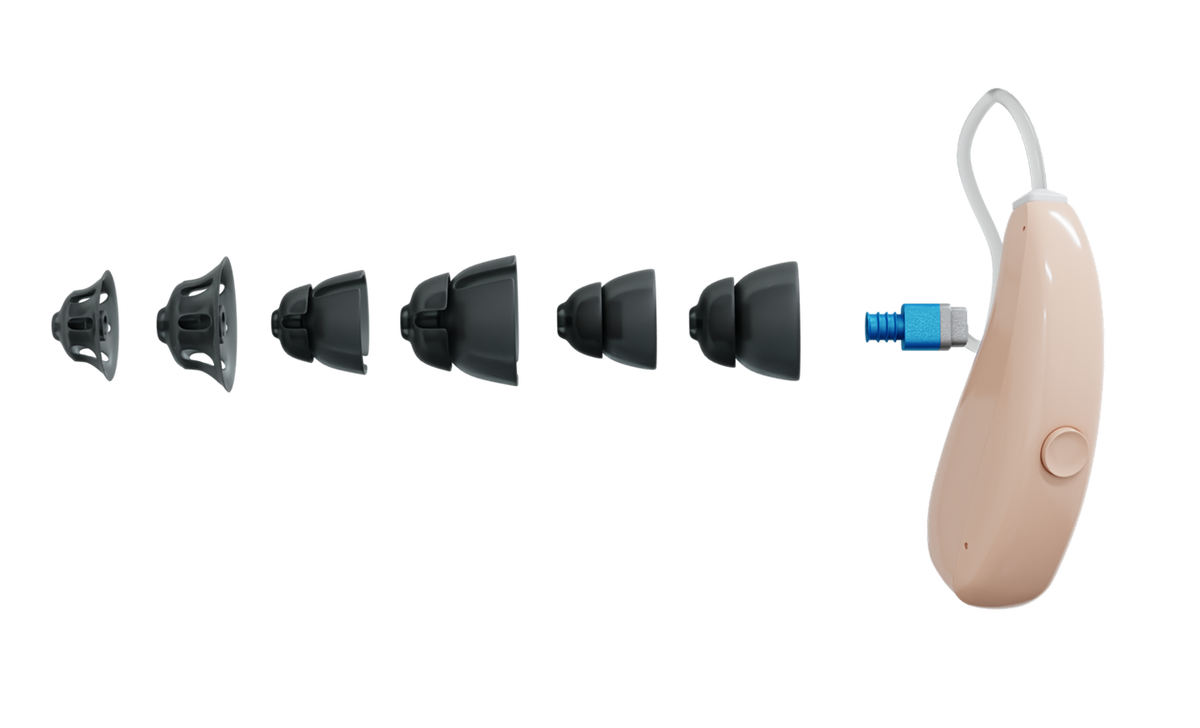 Audien hearing aid with six interchangeable ear tips including open dome and closed silicone styles for personalized fit