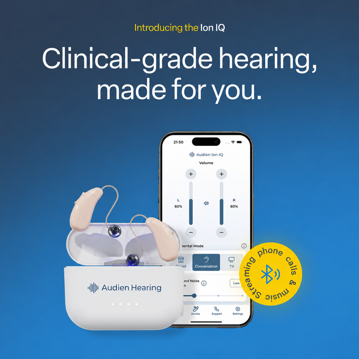 Ion IQ hearing aids with app and headline